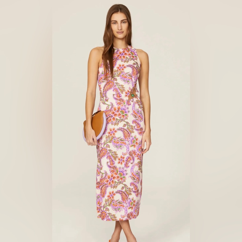 Suboo Sienna Midi Dress Side Cut Out Stone Detail Paisley Floral Pink Bohemian M